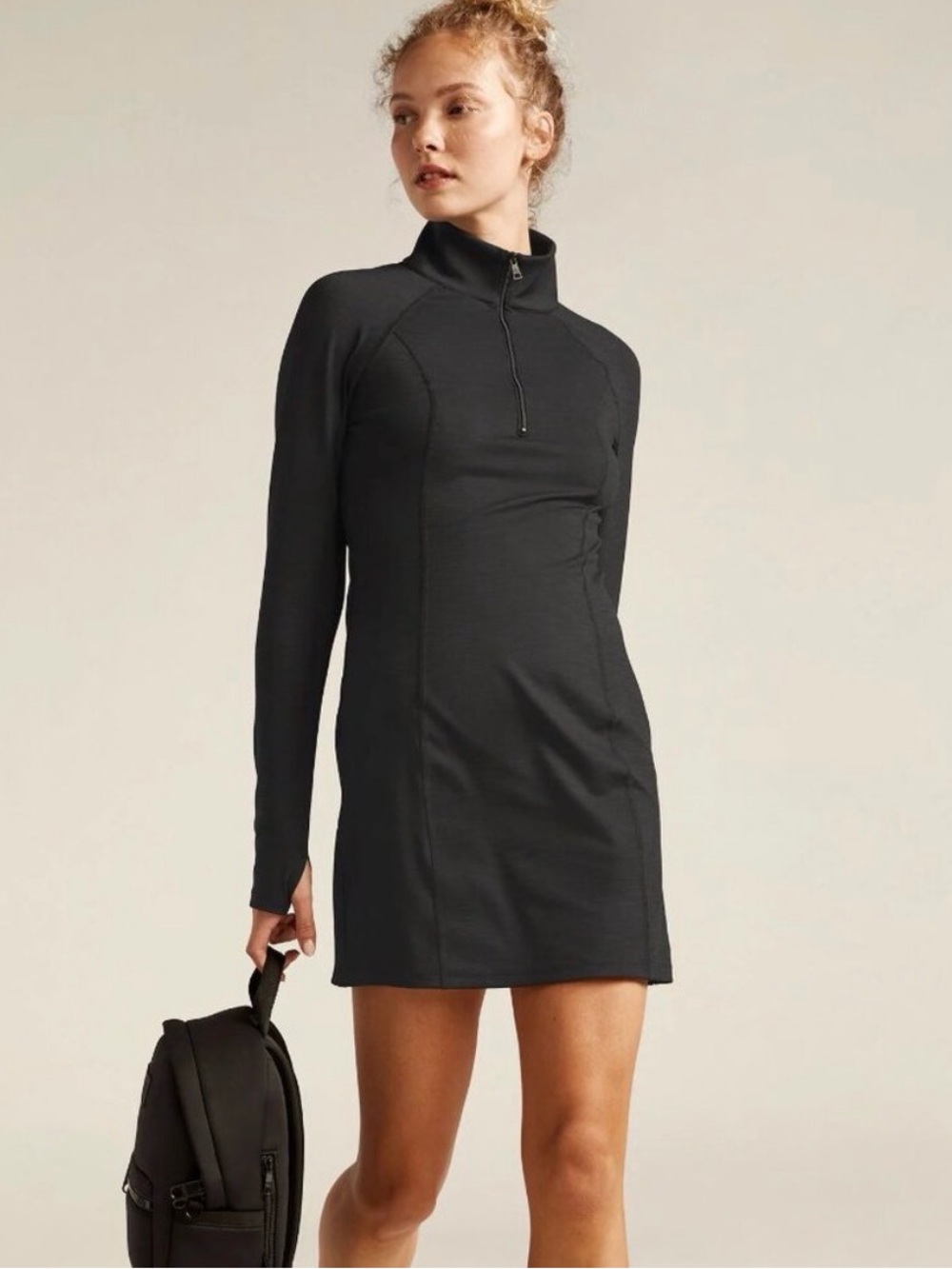 Beyond Yoga Black Long-Sleeve Zip-Neck Dress